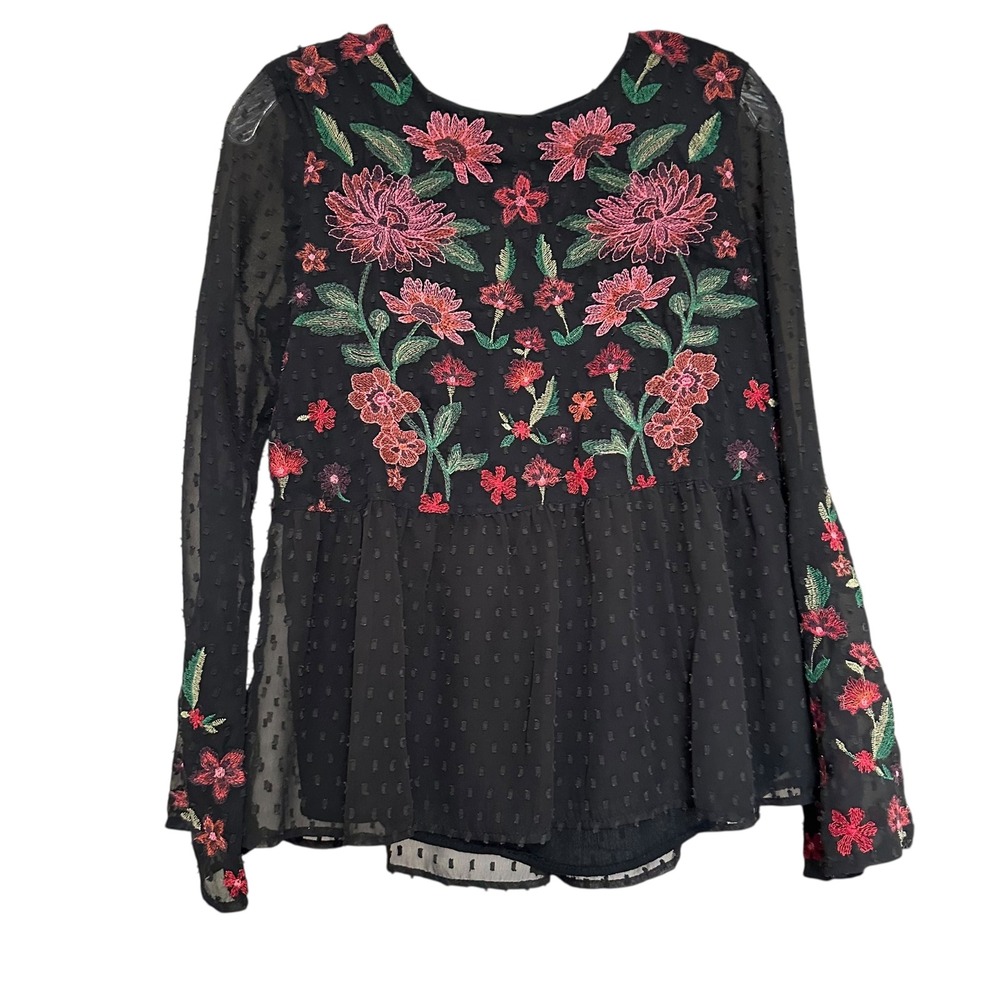 American Eagle Black Embroidered Floral Sheer Peplum Top Blouse Sz S Whimsigoth‎